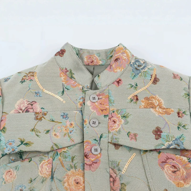 Damen geblümte Jacquard‑Kurzjacke mit Stehkragen, Pattentaschen und Paillettenbesatz Drune