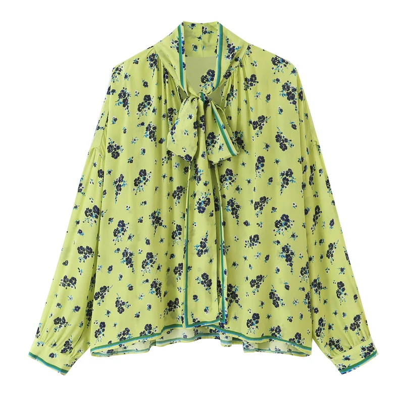 Damen Geblümte Chiffonbluse mit Schleifenkragen und Volumenärmeln Drune