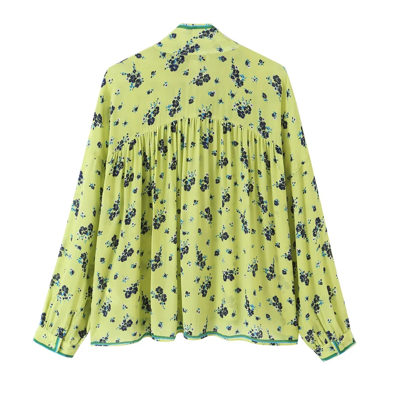 Damen Geblümte Chiffonbluse mit Schleifenkragen und Volumenärmeln Drune