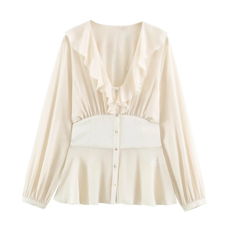 Damen Filigrane V‑Neck‑Bluse mit Volantkragen, taillierter Bundpasse und Ballonärmeln Drune