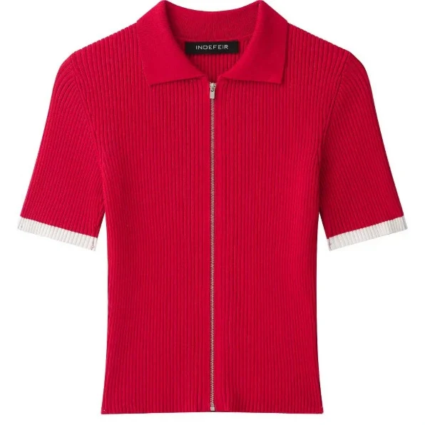 Damen Feinstrick-Poloshirt-Cardigan mit kurzem Arm und durchgehendem Reißverschluss Drune
