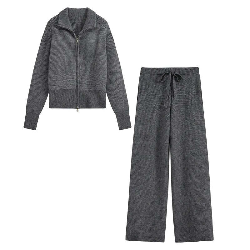 Damen Feinstrick‑Loungewear‑Set mit Stehkragen‑Zippjacke und weiten Palazzo‑Strickhose Drune