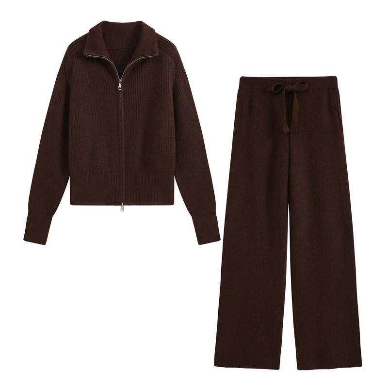 Damen Feinstrick‑Loungewear‑Set mit Stehkragen‑Zippjacke und weiten Palazzo‑Strickhose Drune