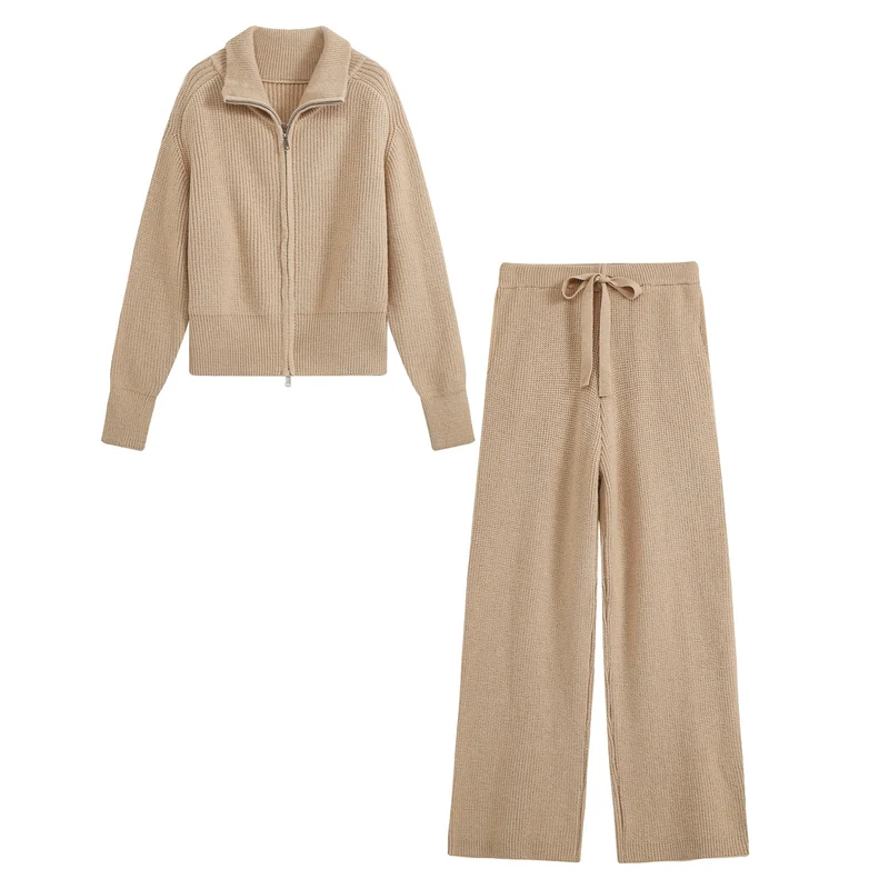 Damen Feinstrick‑Loungewear‑Set mit Stehkragen‑Zippjacke und weiten Palazzo‑Strickhose Drune
