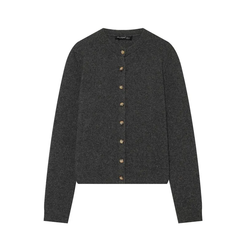 Damen Feinstrick-Cardigan im Cropped-Schnitt mit Rundhalsausschnitt und Holzknopfleiste Drune
