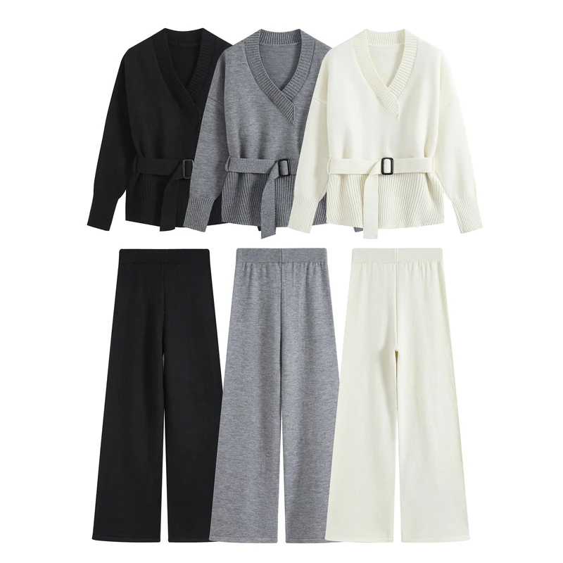 Damen Feiner Strickzweiteiler mit V‑Ausschnitt, Taillengürtel und weiter Bündchenhose Drune
