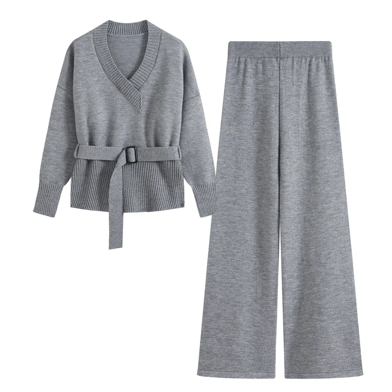 Damen Feiner Strickzweiteiler mit V‑Ausschnitt, Taillengürtel und weiter Bündchenhose Drune