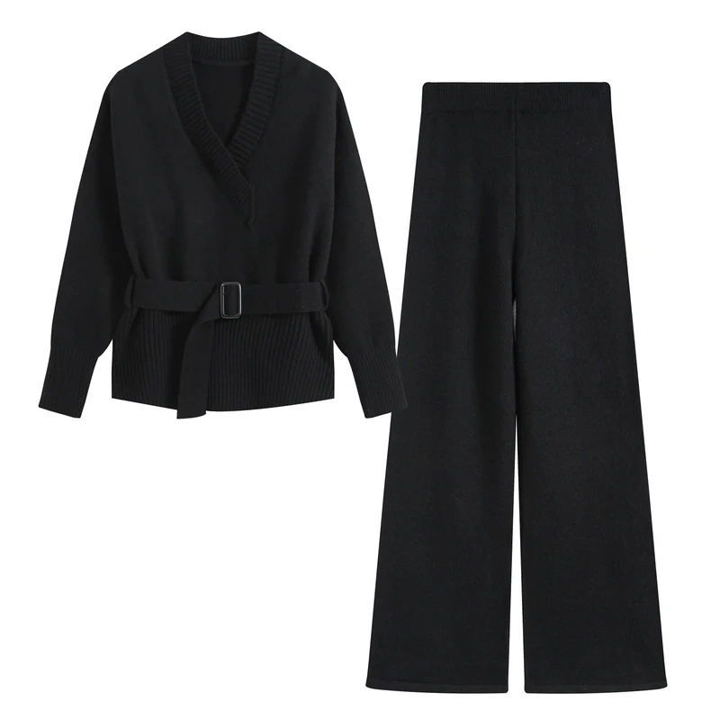 Damen Feiner Strickzweiteiler mit V‑Ausschnitt, Taillengürtel und weiter Bündchenhose Drune