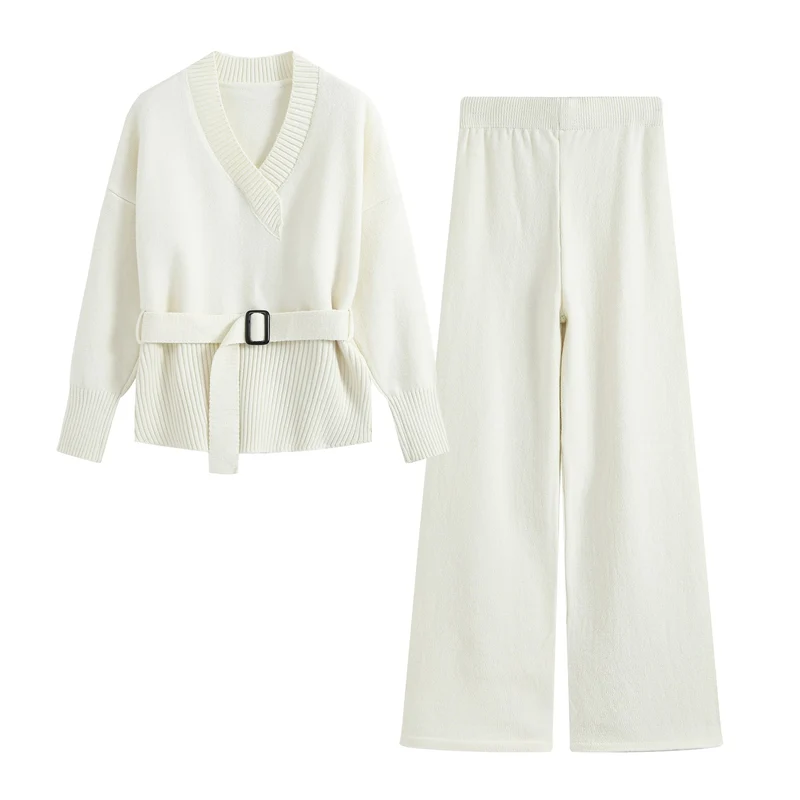 Damen Feiner Strickzweiteiler mit V‑Ausschnitt, Taillengürtel und weiter Bündchenhose Drune
