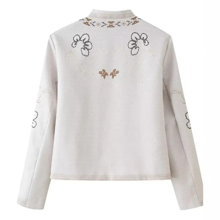 Damen Feine bestickte Kurzjacke mit Stehkragen und floraler Ornament‑Stickerei Drune