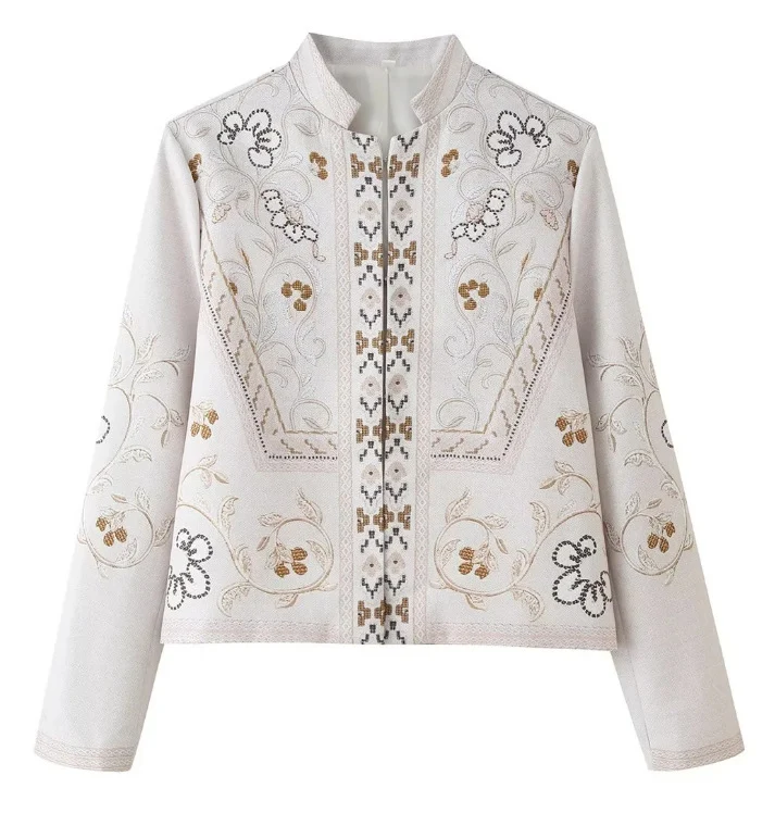 Damen Feine bestickte Kurzjacke mit Stehkragen und floraler Ornament‑Stickerei Drune