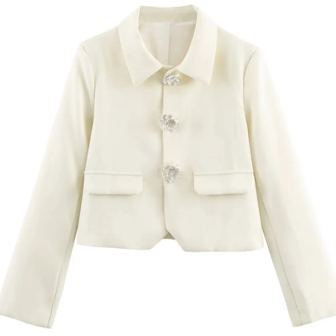 Damen Eleganter Cropped-Blazer mit floralen Strassknöpfen und Pattentaschen Drune