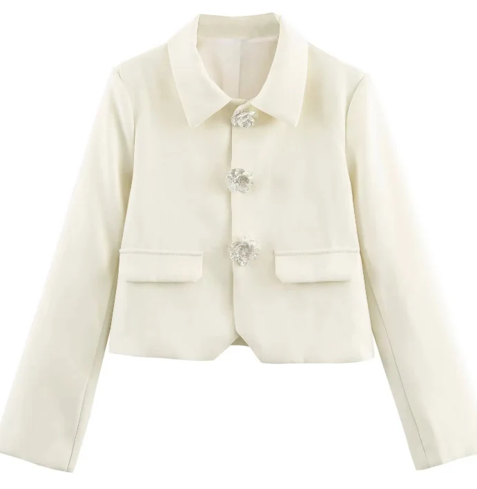 Damen Eleganter Cropped-Blazer mit floralen Strassknöpfen und Pattentaschen Drune