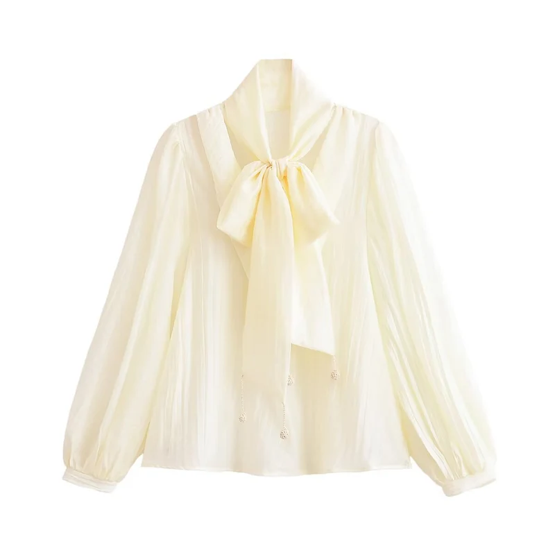 Damen Elegante Schluppenbluse mit plissierten Ballonärmeln und Zierkordel Drune