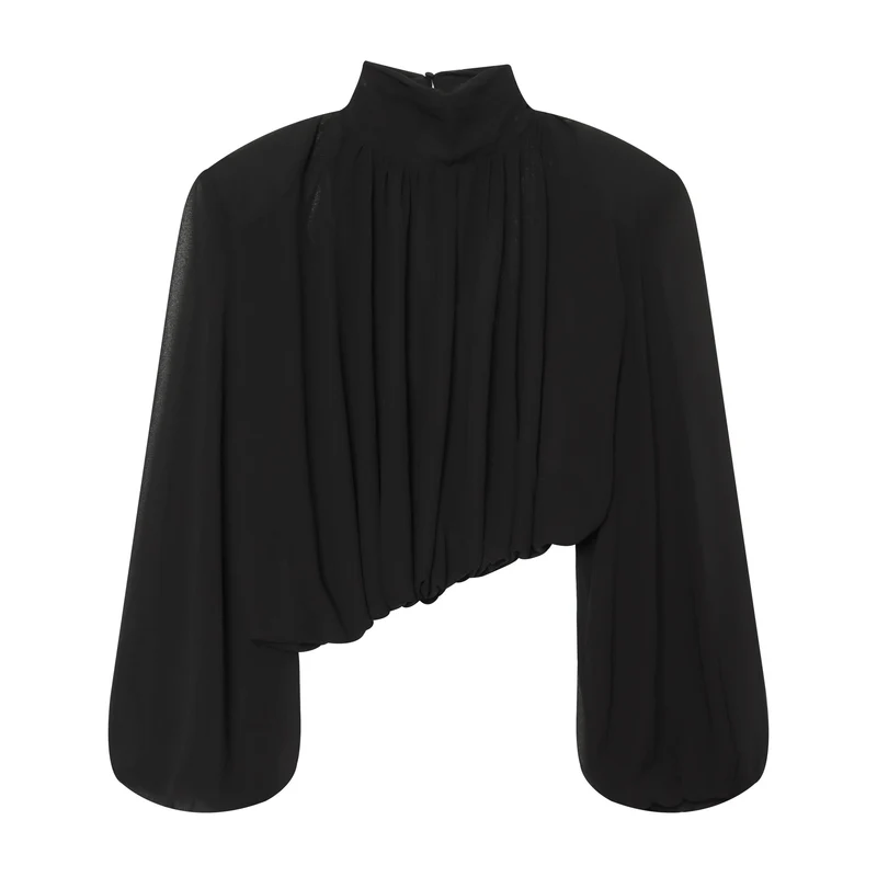 Damen Elegante Cropped Bluse mit hohem Stehkragen, Plissée-Falten und Ballonärmeln Drune