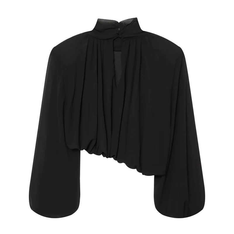 Damen Elegante Cropped Bluse mit hohem Stehkragen, Plissée-Falten und Ballonärmeln Drune