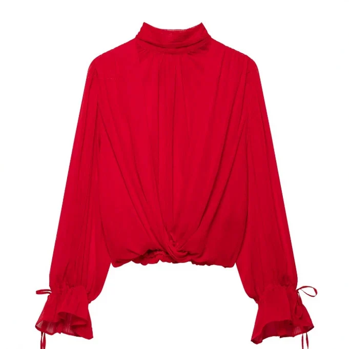 Damen Elegante Chiffon‑Schluppenbluse mit Ballonärmeln und gerafftem Saum Drune