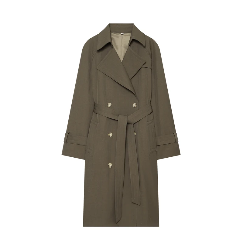 Damen Doppelreihiger taillierter Trenchcoat mit Bindegürtel und überschnittenen Ärmeln Drune