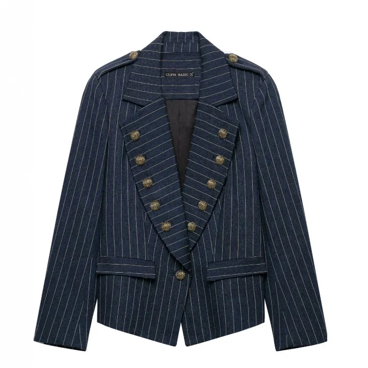 Damen Doppelreihiger Nadelstreifen‑Blazer im Military‑Look mit Zierknöpfen und Schulterklappen Drune