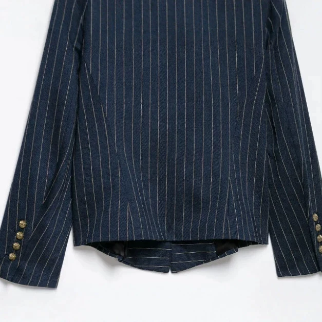 Damen Doppelreihiger Nadelstreifen‑Blazer im Military‑Look mit Zierknöpfen und Schulterklappen Drune