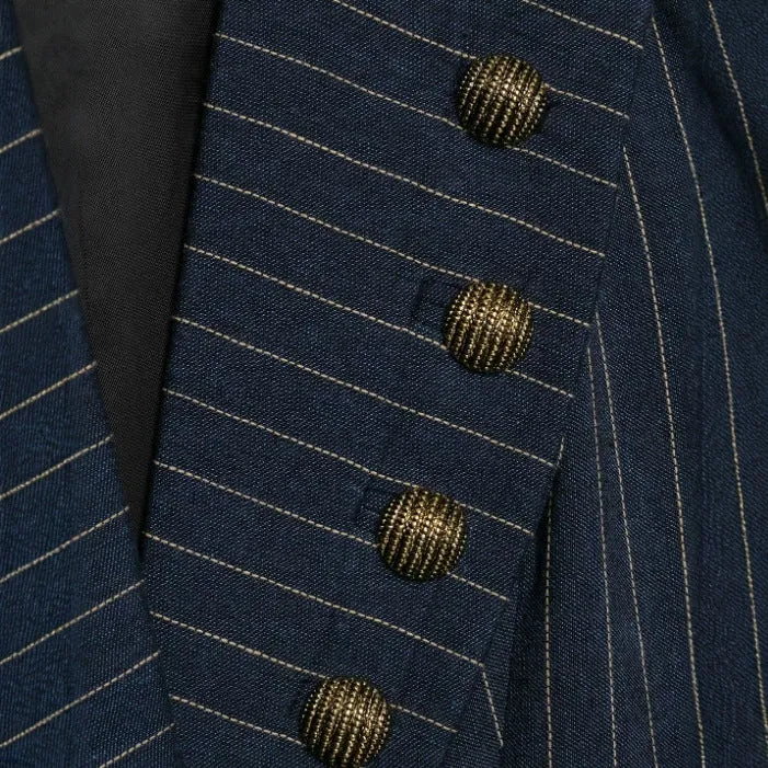 Damen Doppelreihiger Nadelstreifen‑Blazer im Military‑Look mit Zierknöpfen und Schulterklappen Drune