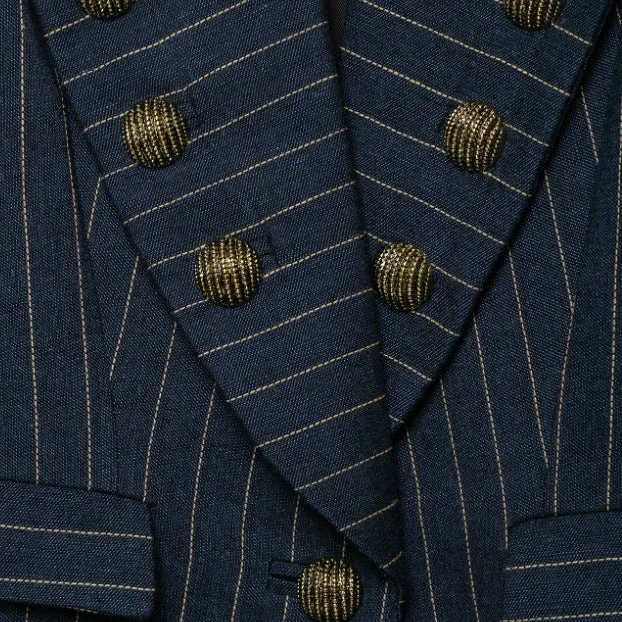 Damen Doppelreihiger Nadelstreifen‑Blazer im Military‑Look mit Zierknöpfen und Schulterklappen Drune