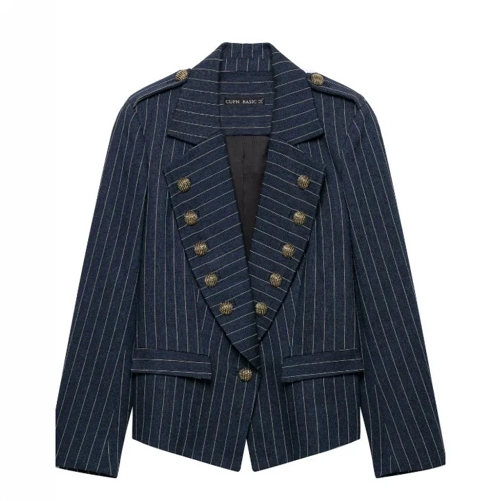 Damen Doppelreihiger Nadelstreifen‑Blazer im Military‑Look mit Zierknöpfen und Schulterklappen Drune