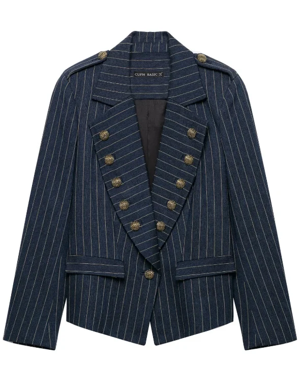 Damen Doppelreihiger Nadelstreifen‑Blazer im Military‑Look mit Zierknöpfen und Schulterklappen Drune