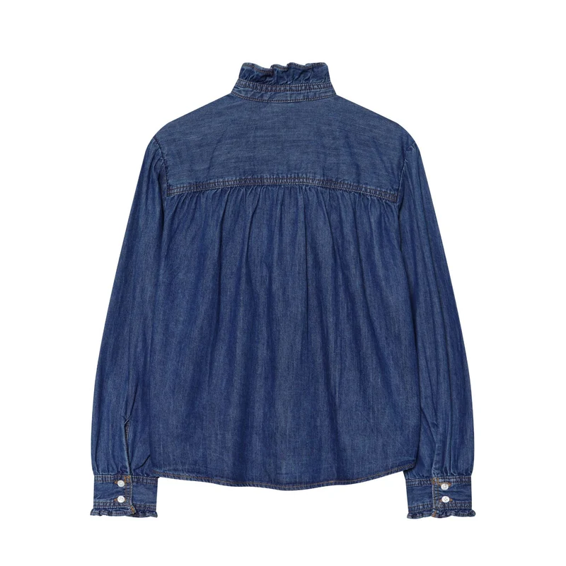 Damen Denimbluse mit Rüschenstehkragen, Ballonärmeln und geraffter Schulter Drune