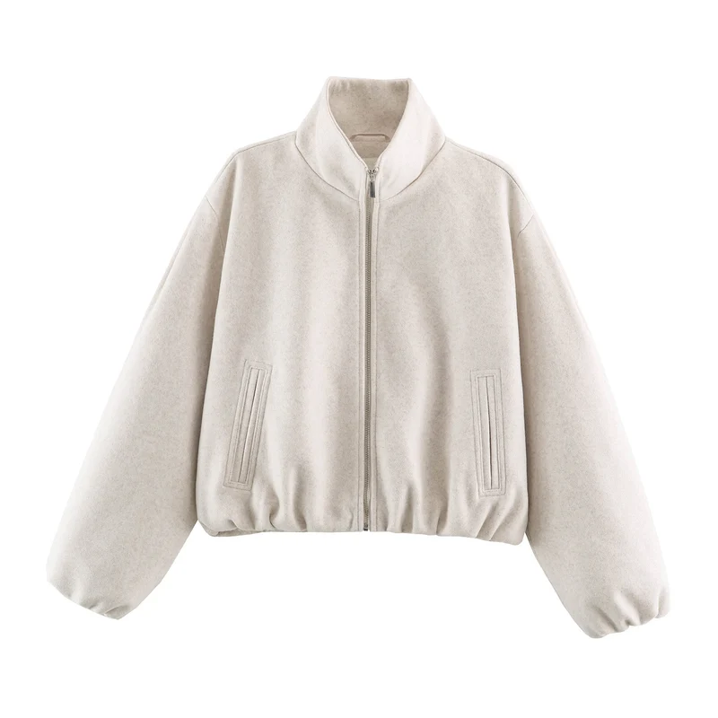 Damen Cropped Wolloptik‑Bomberjacke mit hohem Stehkragen und verdeckten Eingrifftaschen Drune