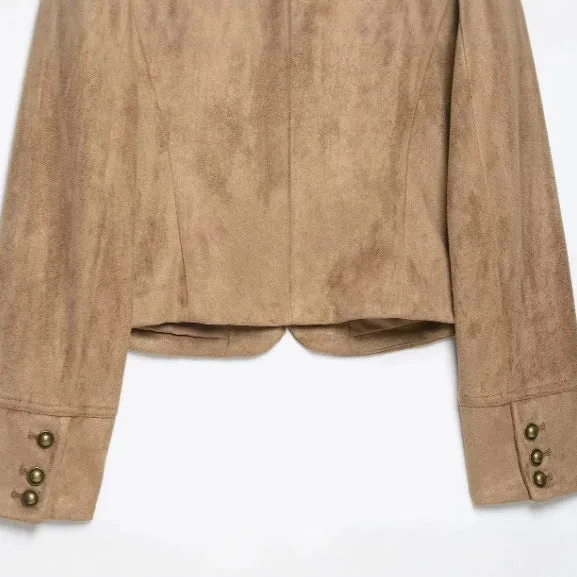 Damen Cropped Velourslederblouson im Military‑Look mit dekorativer Paradeknopfleiste Drune