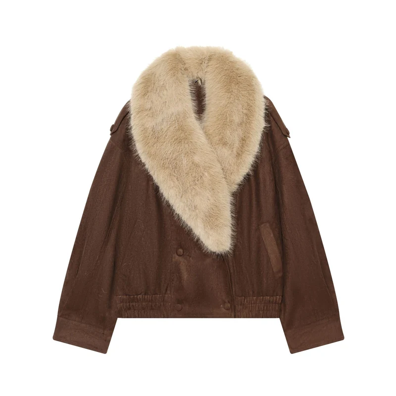 Damen Cropped Veloursjacke mit voluminösem Kunstfell‑Schalkragen Drune