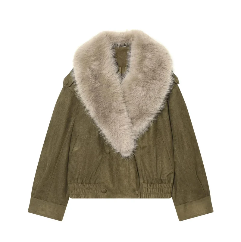 Damen Cropped Veloursjacke mit voluminösem Kunstfell‑Schalkragen Drune