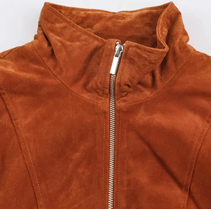 Damen Cropped-Veloursjacke im minimalistischen Design mit Stehkragen, Ziernähten und Reißverschlusstaschen Drune