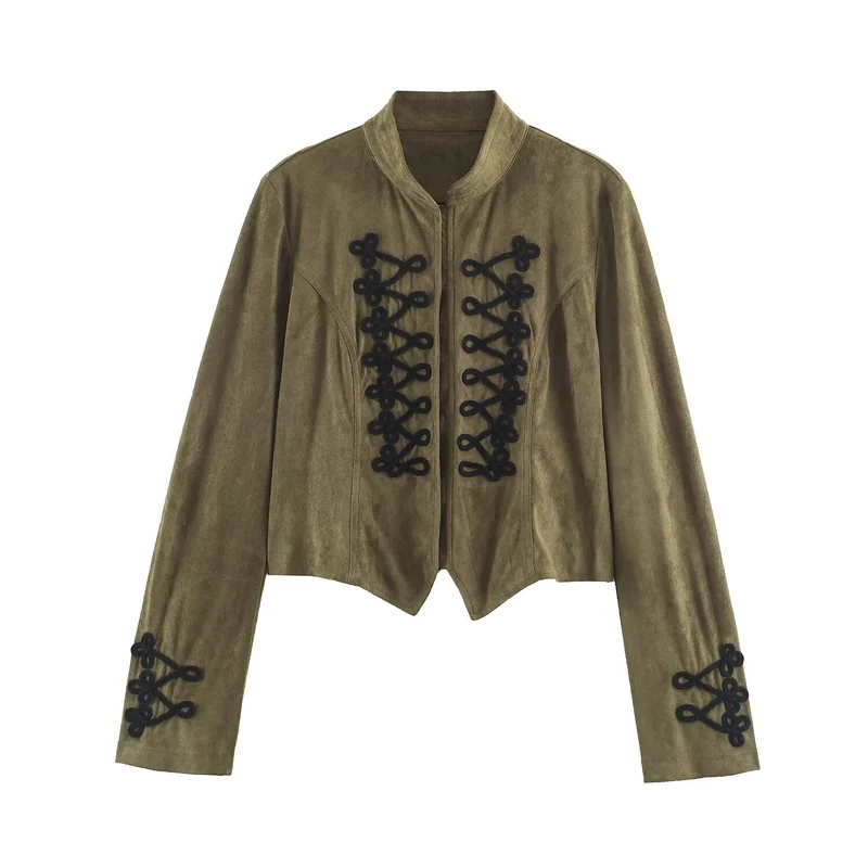 Damen Cropped Veloursimitat‑Jacke mit dekorativen Kordelfröschen Drune