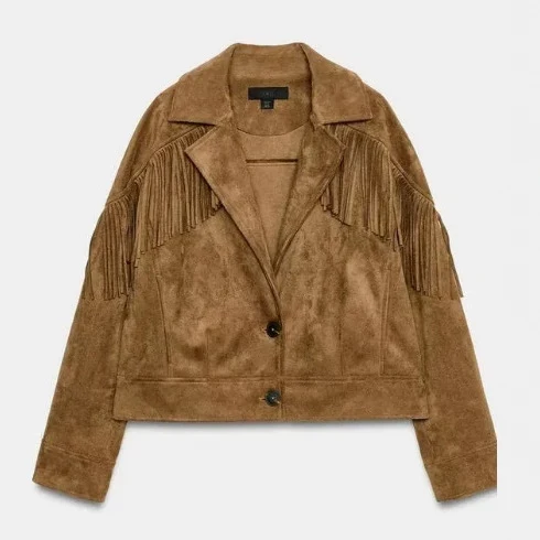 Damen Cropped Velours-Fransenjacke mit Reverskragen Drune