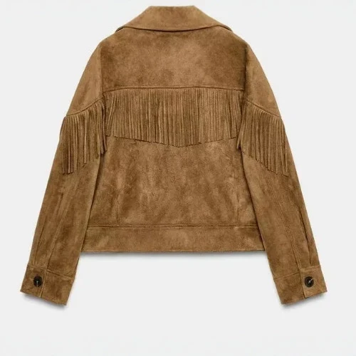 Damen Cropped Velours-Fransenjacke mit Reverskragen Drune