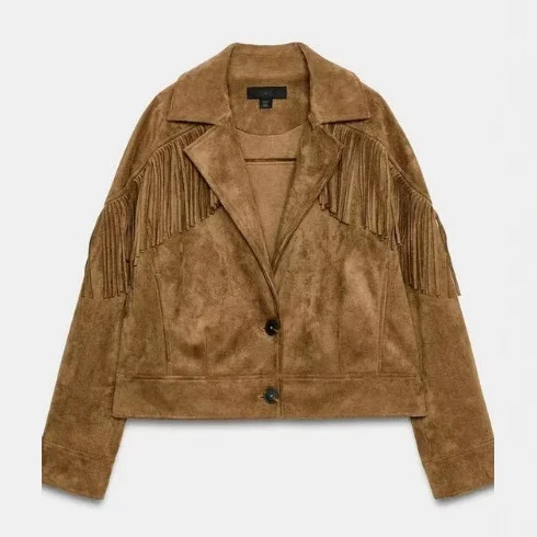 Damen Cropped Velours-Fransenjacke mit Reverskragen Drune