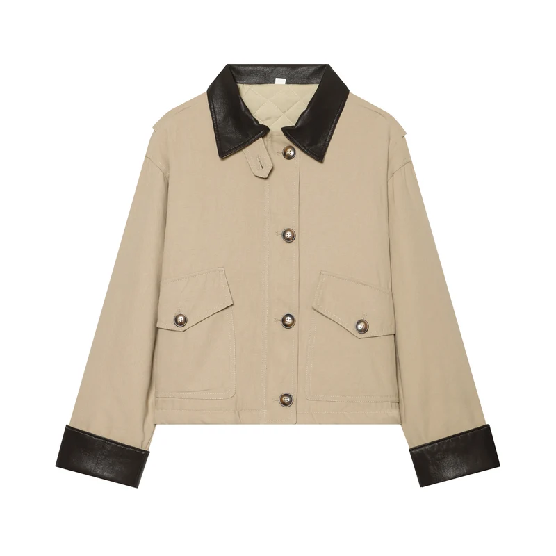 Damen Cropped Utility‑Jacke mit gesteppter Innenseite und kontrastierendem Lederkragen Drune