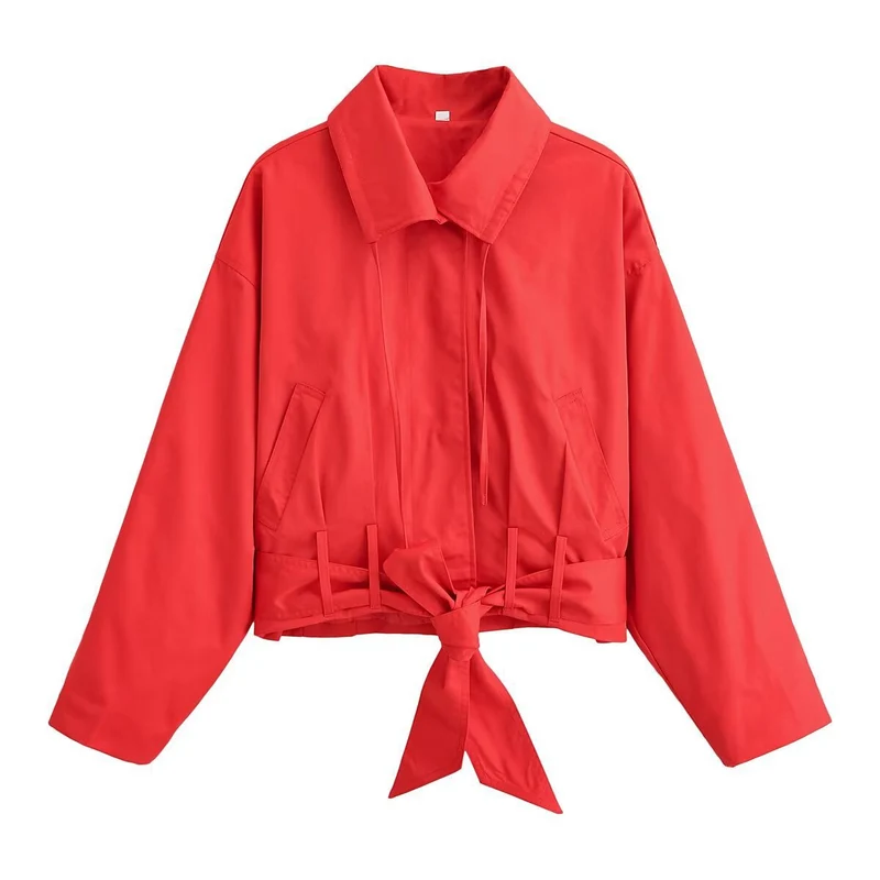 Damen Cropped Übergangsjacke mit Taillenband und Hemdkragen Drune