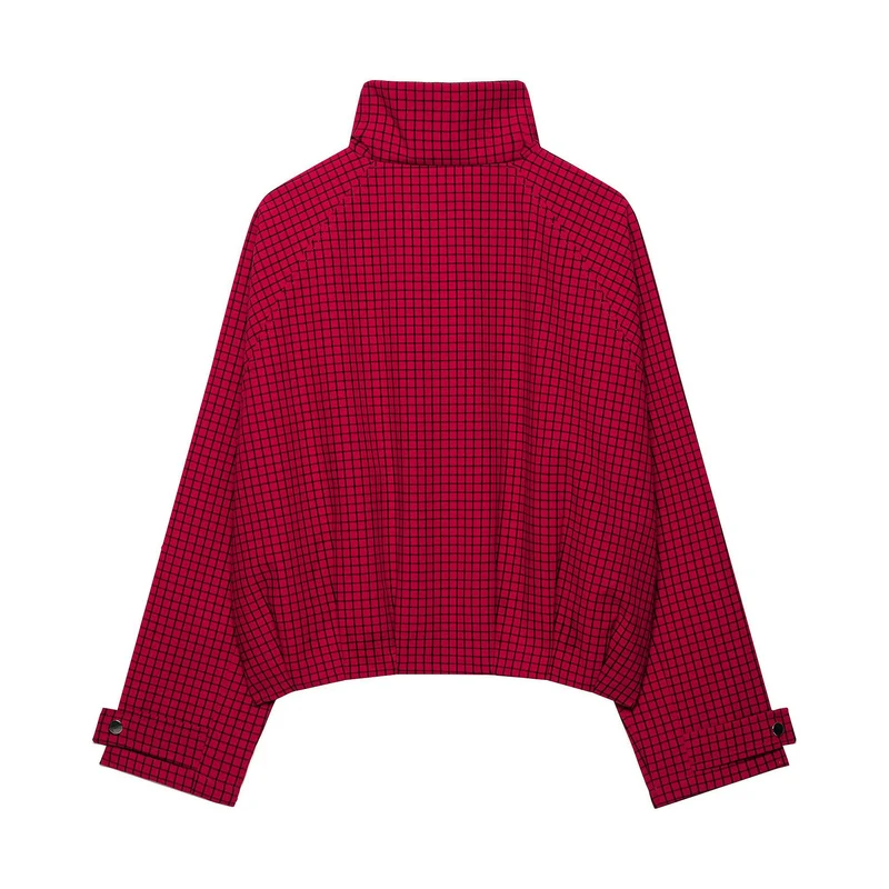 Damen Cropped Übergangsjacke mit hohem Stehkragen, Karomuster und elastischem Saum Drune