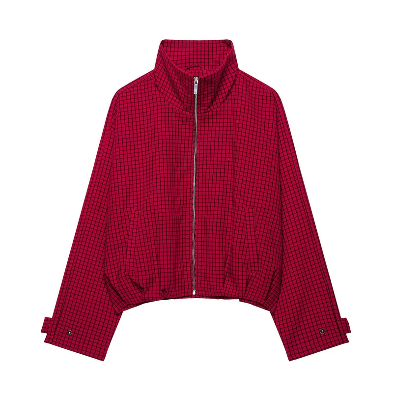 Damen Cropped Übergangsjacke mit hohem Stehkragen, Karomuster und elastischem Saum Drune