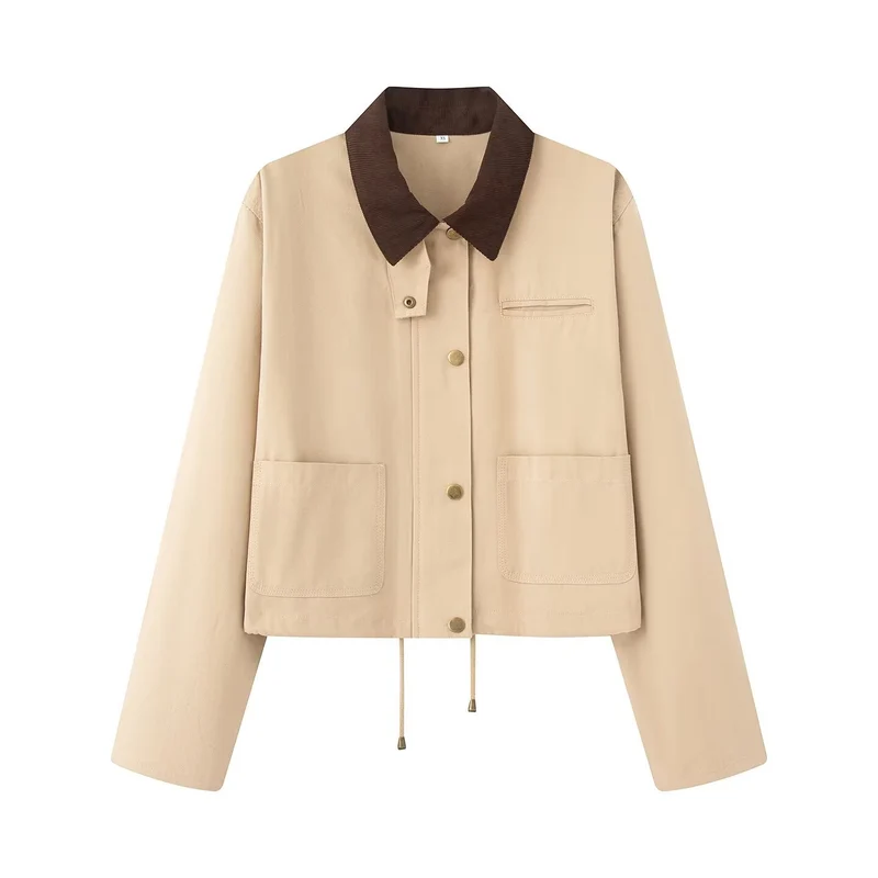 Damen Cropped Übergangsjacke im Workwear‑Look mit Cordkragen, Druckknopfleiste und Tunnelzug Drune