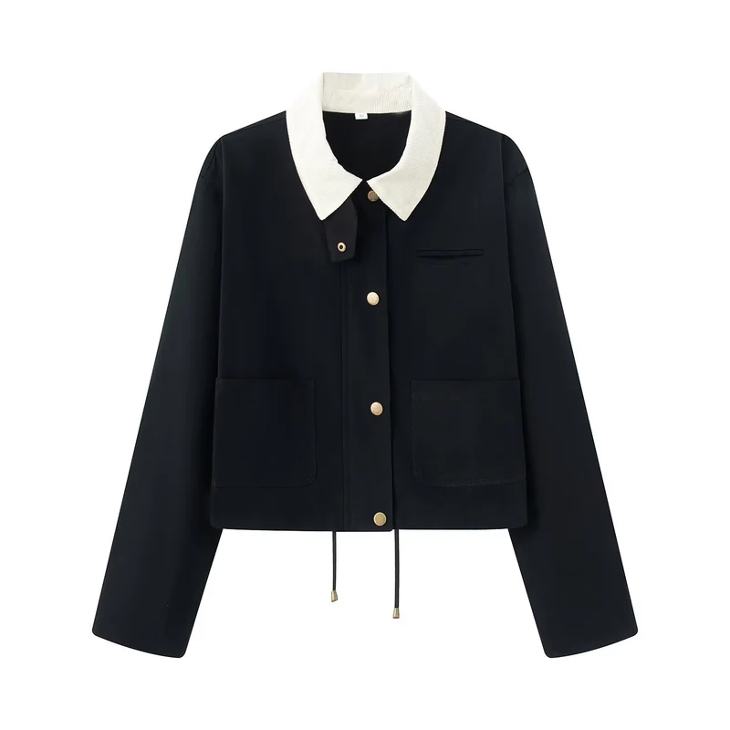 Damen Cropped Übergangsjacke im Workwear‑Look mit Cordkragen, Druckknopfleiste und Tunnelzug Drune