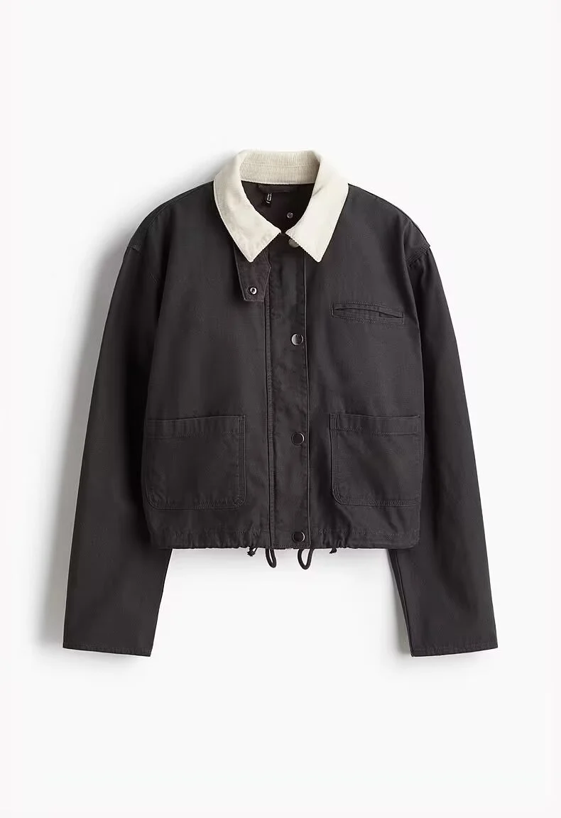 Damen Cropped Übergangsjacke im Workwear‑Look mit Cordkragen, Druckknopfleiste und Tunnelzug Drune