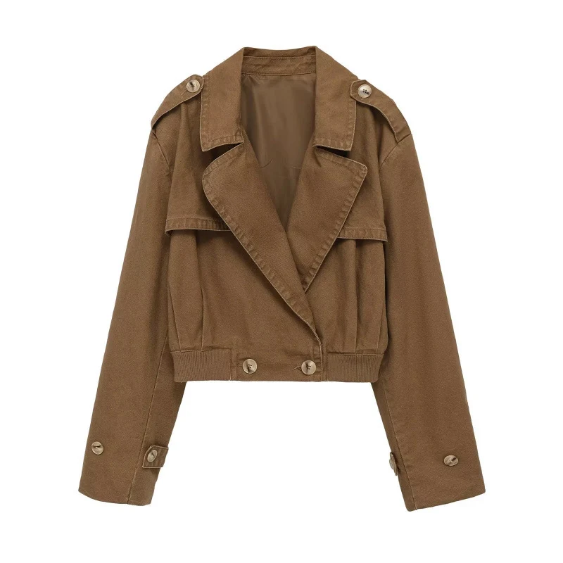 Damen Cropped Trench‑Blousonjacke mit doppelreihiger Knopfleiste, Schulterpatten und elastischem Saum Drune