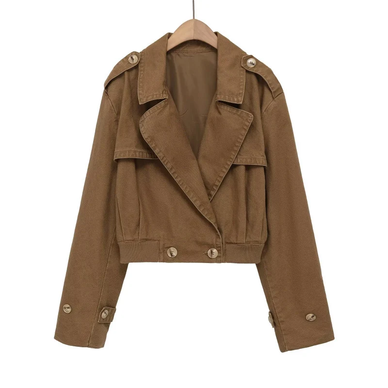Damen Cropped Trench‑Blousonjacke mit doppelreihiger Knopfleiste, Schulterpatten und elastischem Saum Drune