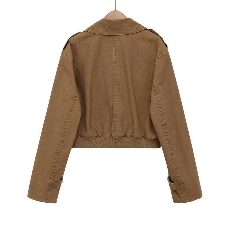 Damen Cropped Trench‑Blousonjacke mit doppelreihiger Knopfleiste, Schulterpatten und elastischem Saum Drune
