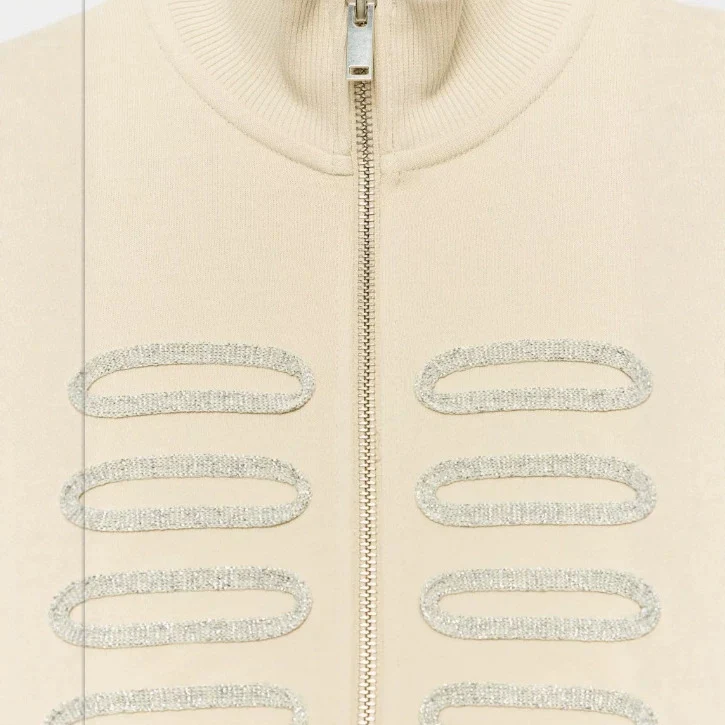 Damen Cropped‑Sweatjacke mit Stehkragen und dekorativem Kordelbesatz Drune