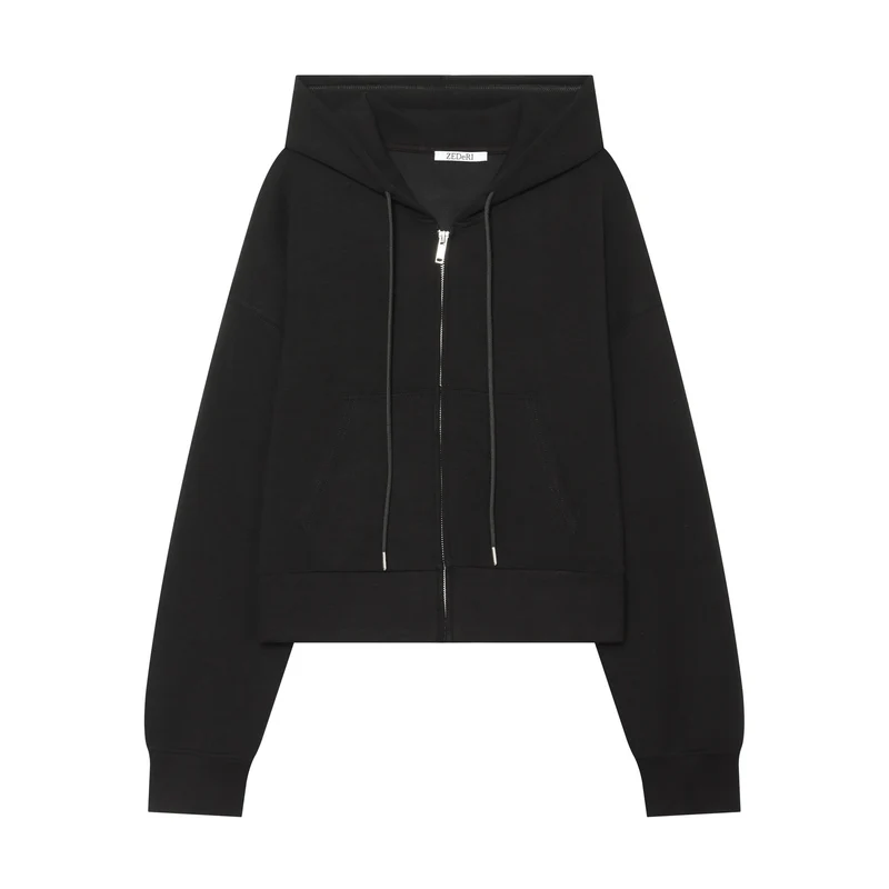 Damen Cropped Sweatjacke mit Metallreißverschluss, Kängurutasche und oversized Kapuze Drune